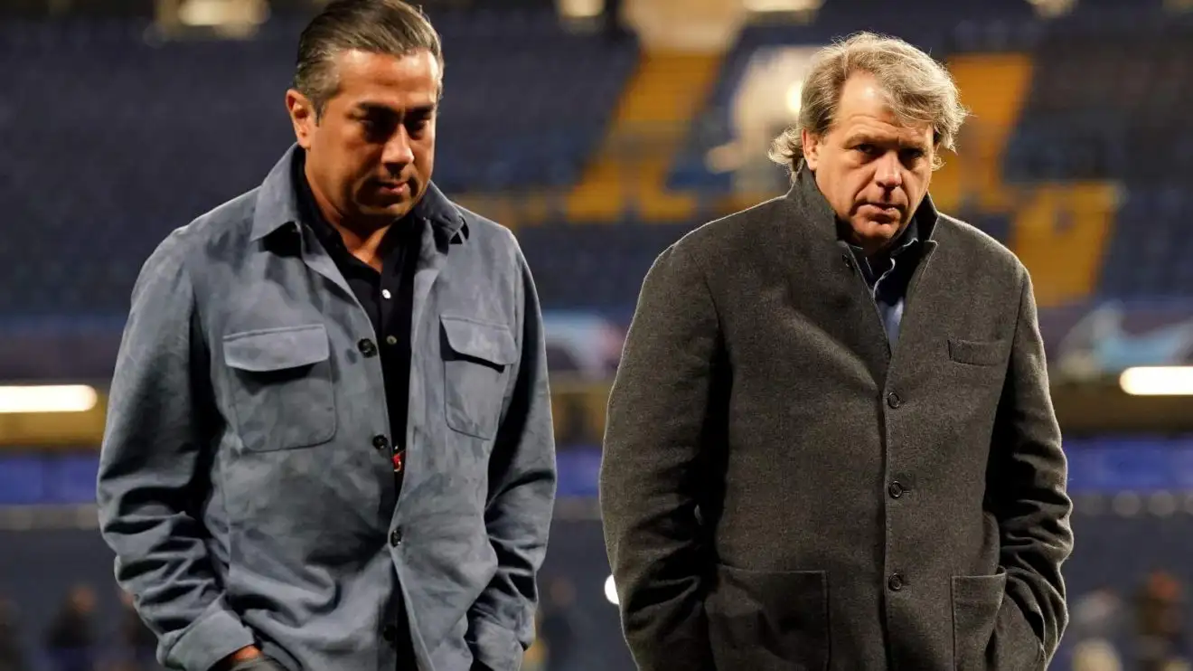 Chelsea vendors Behdad Eghbali and Todd Boehly after a suit at Stamford Bridge