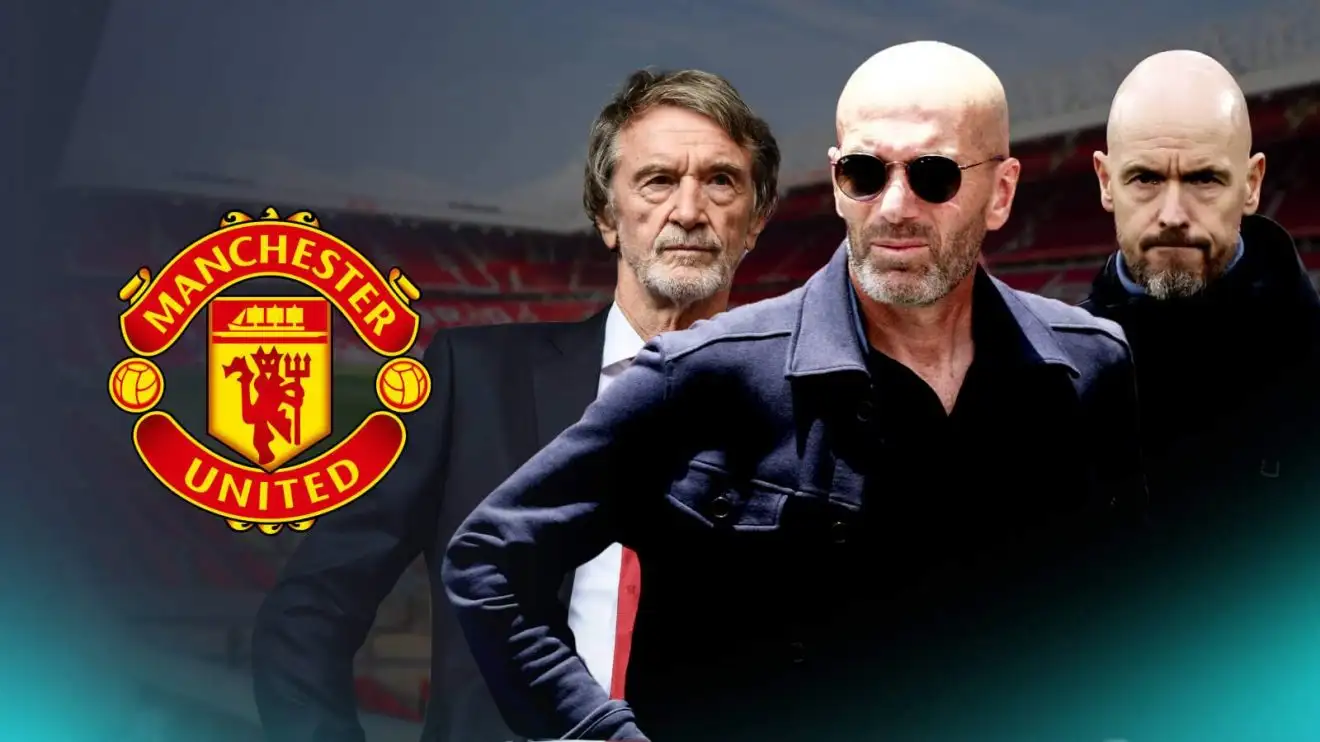 Erik ten Hag, Zinedine Zidane và Sir Jim Ratcliffe với huy hiệu Man Utd