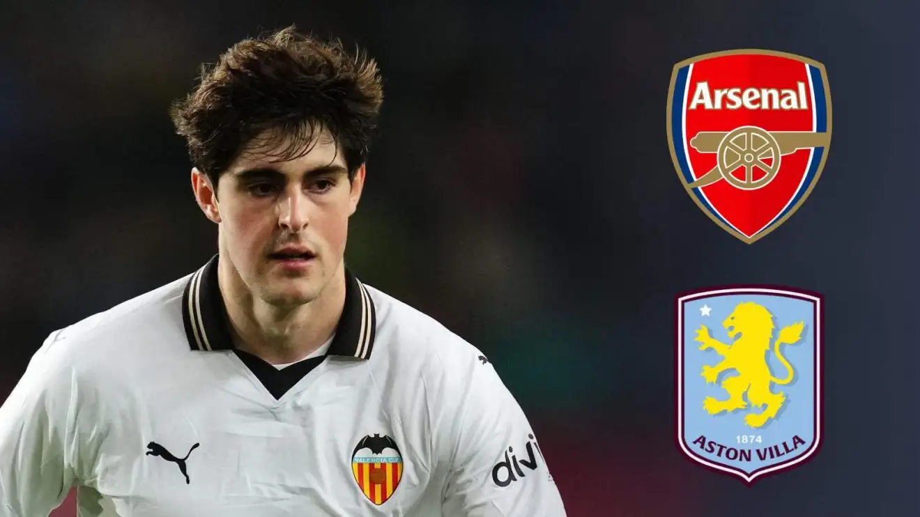 Valencia midfielder Javi Guerra via the Arsenal and Aston Villa badges