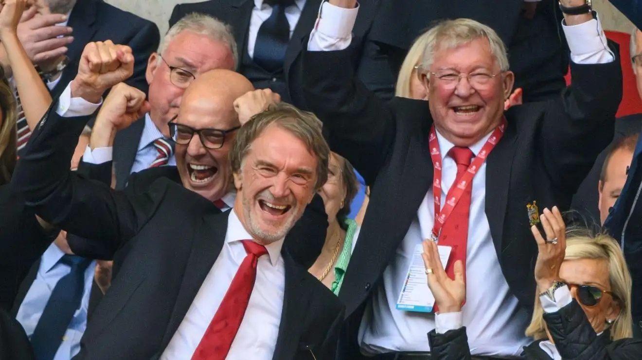 Sir Jim Ratcliffe and Sir Alex Ferguson celebrate at Manchester United