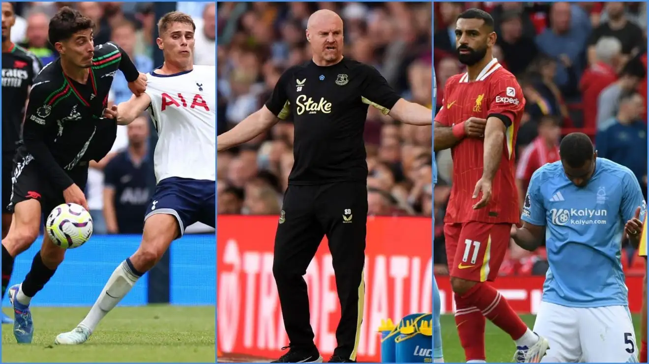 Arsenal forward Kai Havertz tackles Spurs defender Micky van de Ven, Everton manager Sean Dyche, and Liverpool striker Mo Salah with Nottingham Forest player Murillo