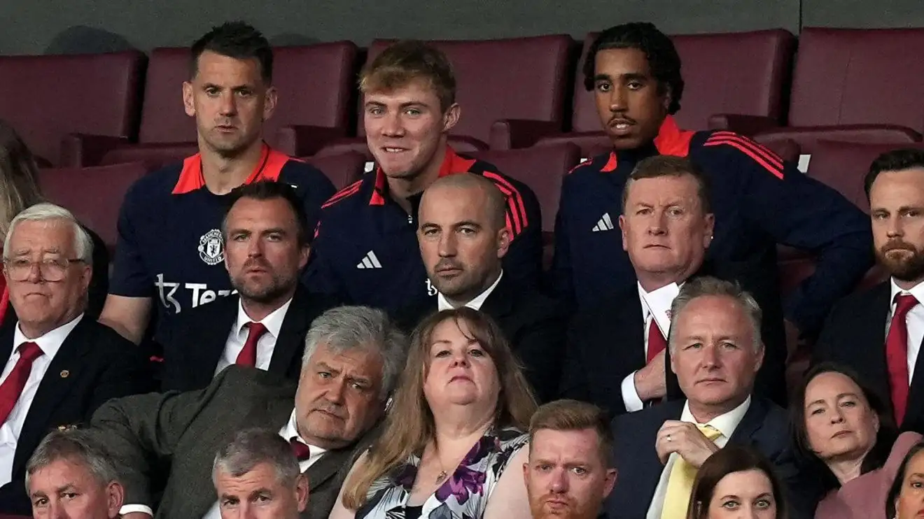 Manchester United players Tom Heaton, Rasmus Hojlund and Leny Yoro