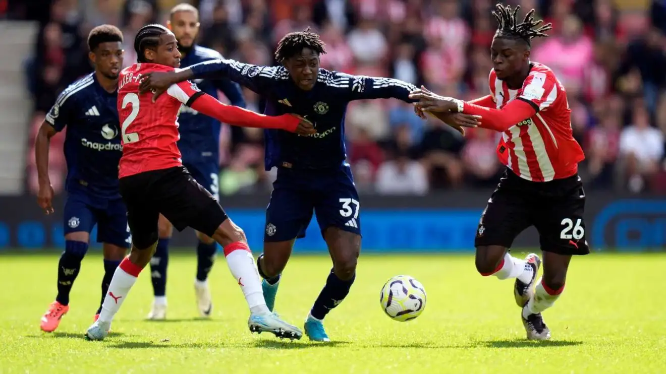 Male Utd midfielder Kobbie Mainoo throughout a suit against Southampton