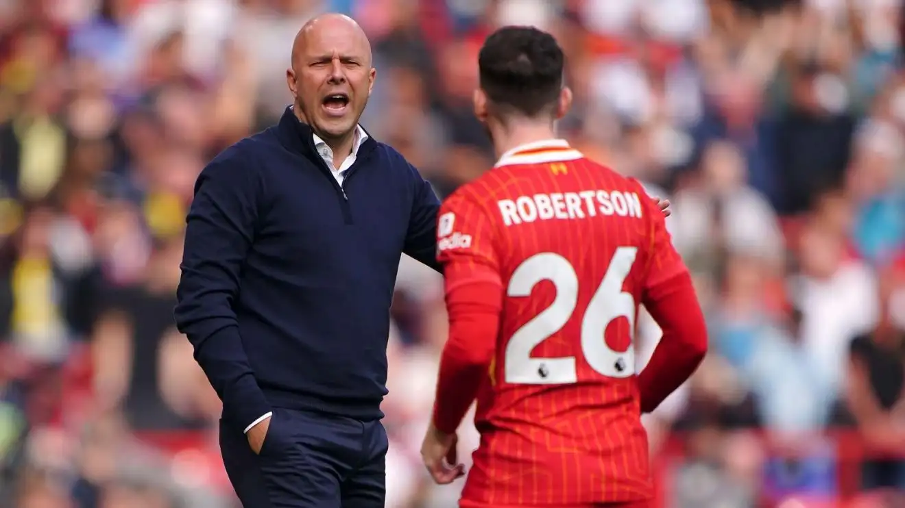 Liverpool head coach Arne Slot shouts in the direction of Andy Robertson