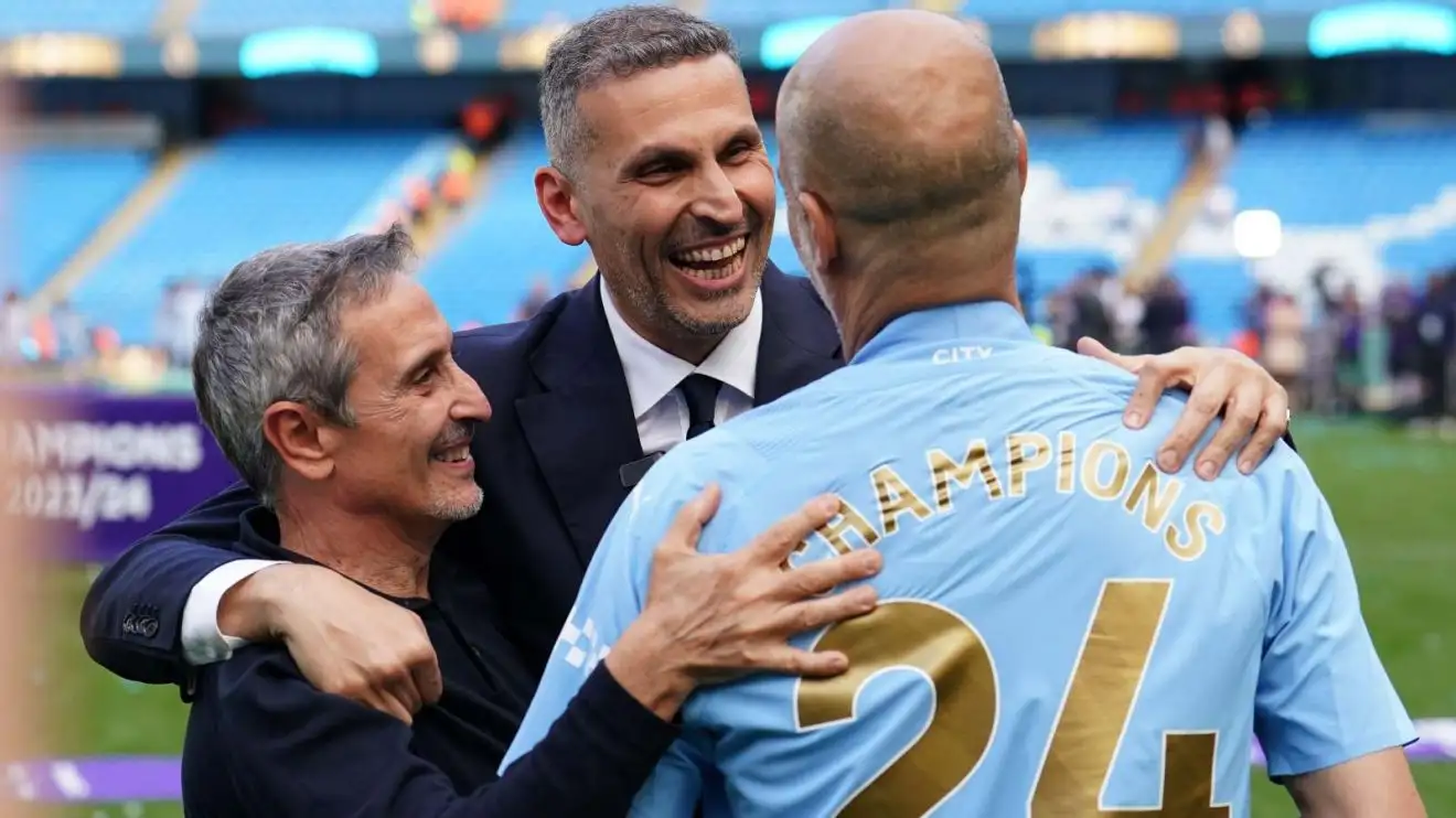 Man Metropolitan owner and also supervisor Khaldoon Al Mubarak and also Pep Guardiola commemorate appetizing the Premier League