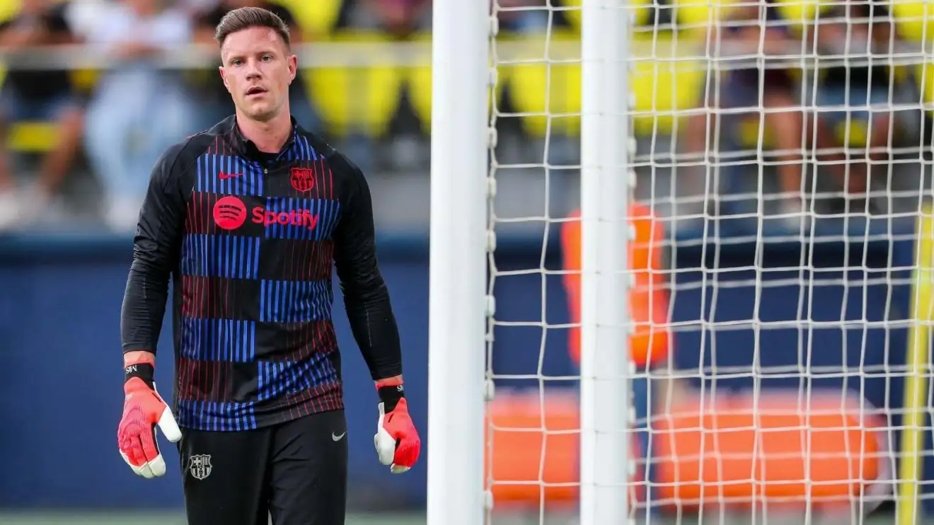 Barcelona goalkeeper Marc-Andre ter Stegen throughout a pre-match sunny-upward