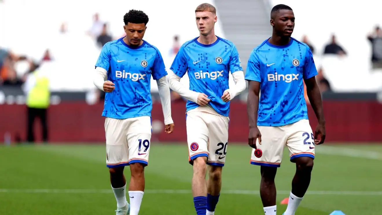 Chelsea trio Moises Caicedo, Cole Palmer and Jadon Sancho during a pre-match sunny-upwards