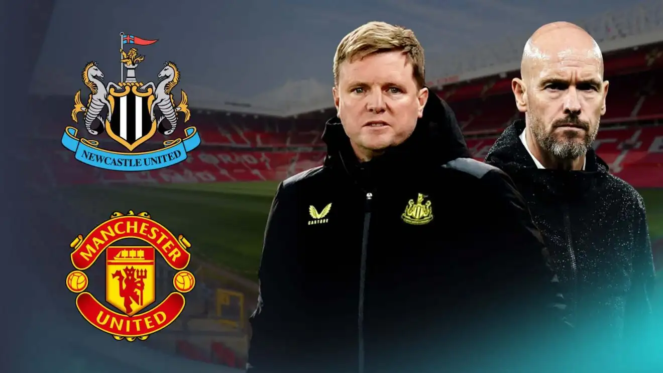 Eddie Howe and Erik 10 Hag via the Newcastle and Male Utd badges