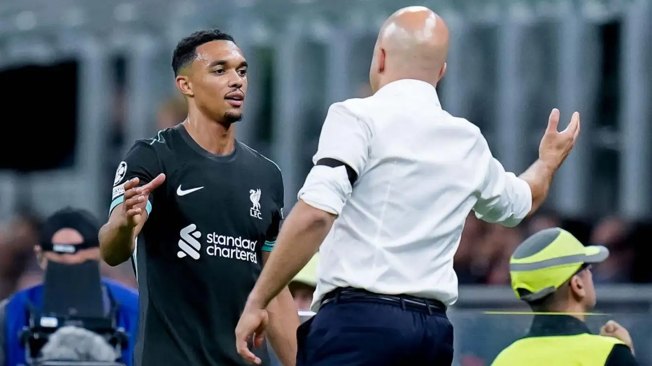 Liverpool right-previously Trent Alexander-Arnold smoothies hands wearing Arne Slot