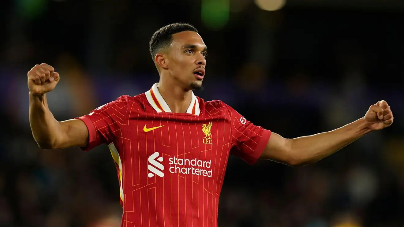 Trent Alexander-Arnold celebrates while in reaction for Liverpool