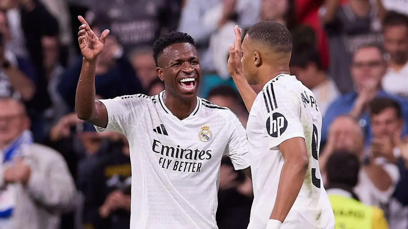 Real Madrid forwards Vinicius Junior and Kylian Mbappe celebrate