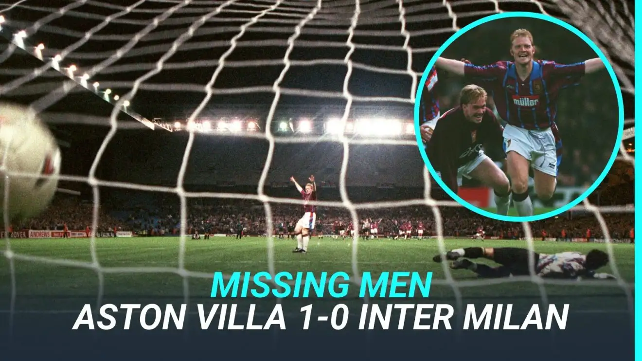 Aston Villa score the winning penalty to knock Inter Milan out of the UEFA Cup in 1994.