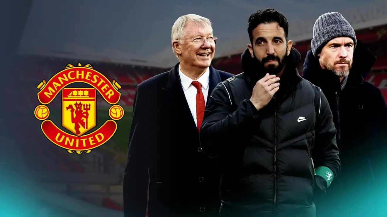 Man Utd badge and Old Trafford background with Sir Alex Ferguson, Ruben Amorim and Erik ten Hag