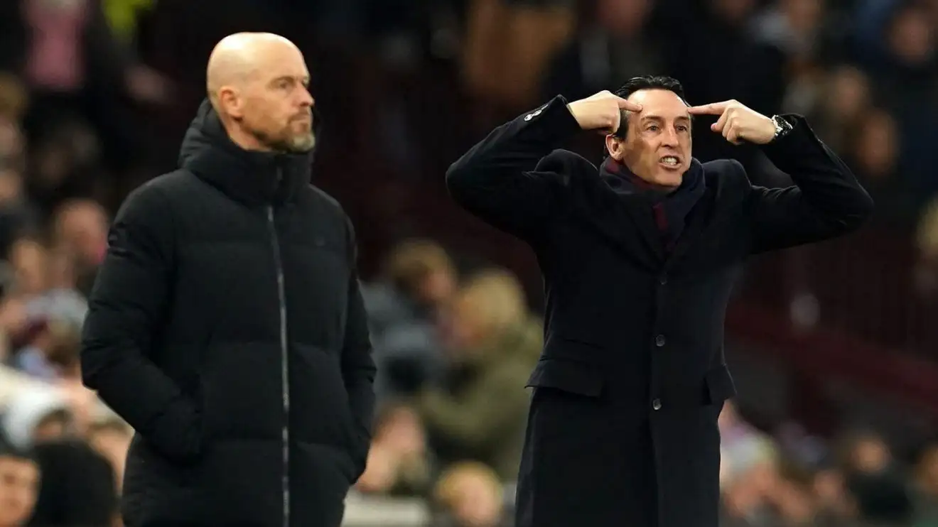 Manchester United coach Erik ten Hag and Aston Villa manager Unai Emery on the sidelines