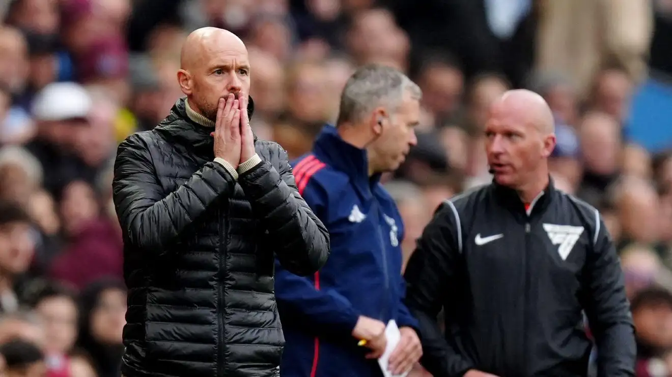 Erik ten Hag appearances perturbed on the touchline during the Aston Villa v Manchester Joined gallery