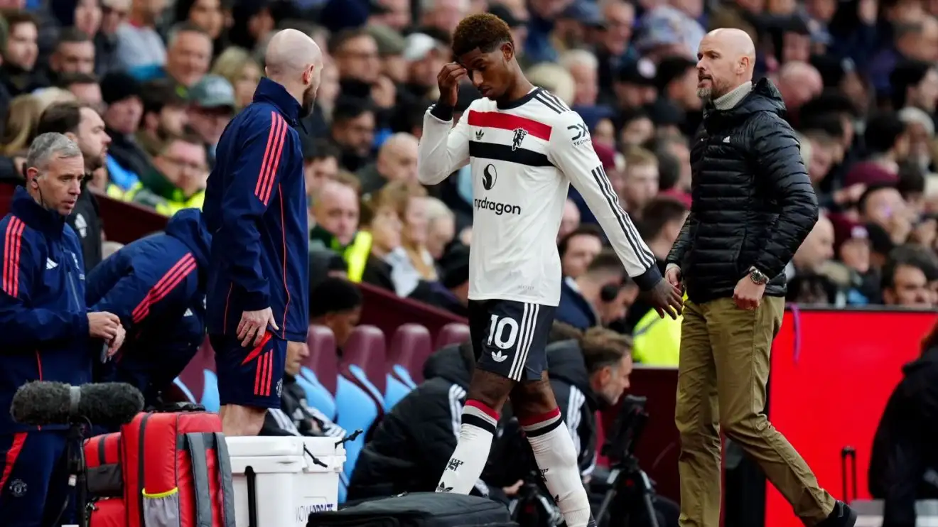Manchester United manager Erik Ten Hag substitutes Marcus Rashford in the 0-0 draw against Aston Villa