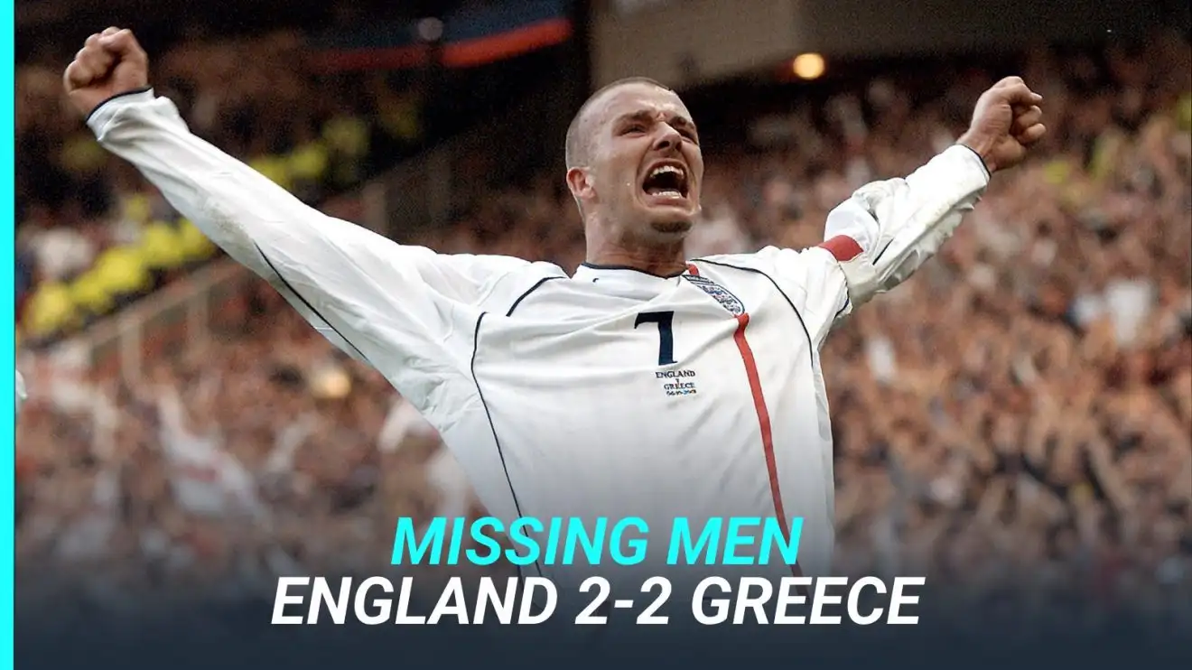 David Beckham celebrates his free-kick against Greece.