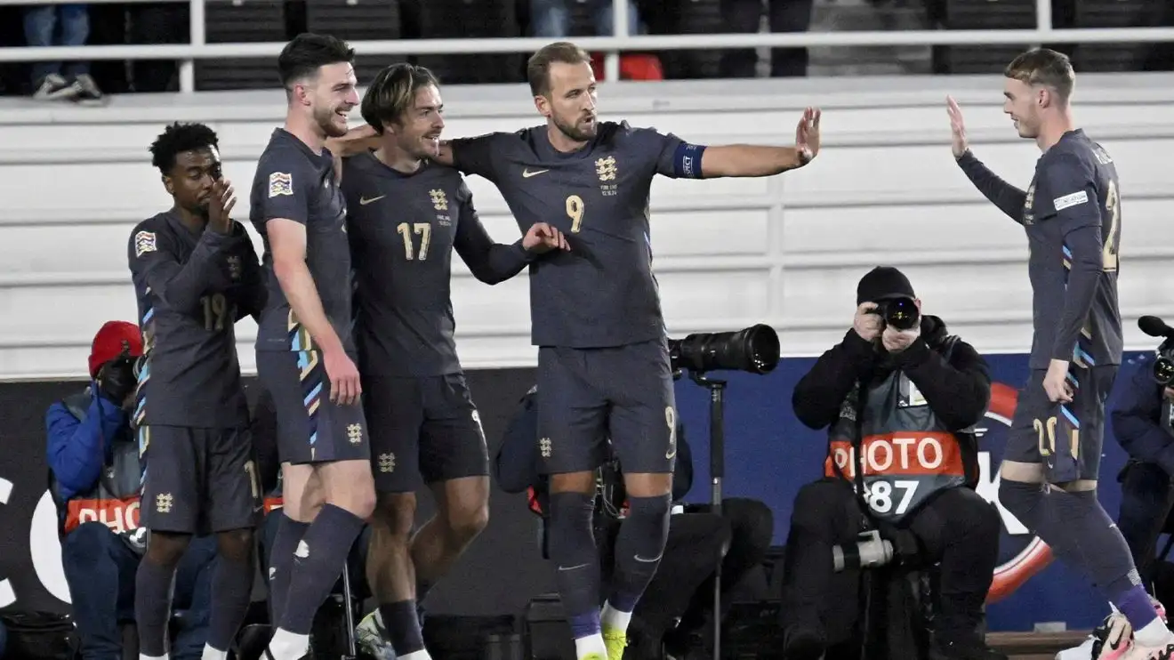 Angel Gomes, Declan Rice, Jack Grealish, Harry Kane and Cole Palmer celebrate Jack Grealish's opening goal against Finland