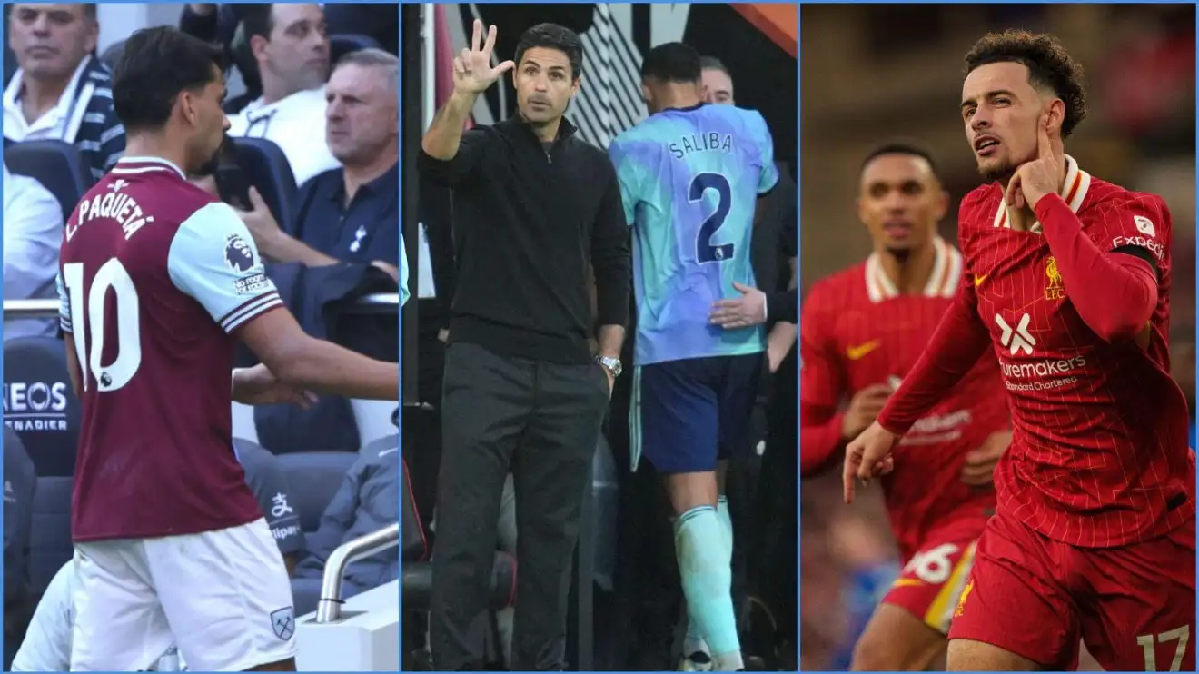 West Ham star Lucas Paqueta, Mikel Arteta and William Saliba of Arsenal and Liverpool's Curtis Jones