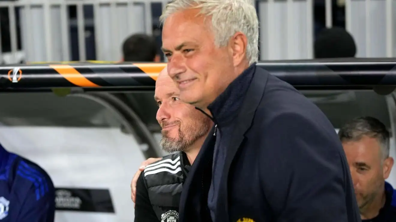 Man Utd: Mourinho goes full Mourinho after Europa League red card - 'best referee in the world!' 1 Erik ten Hag and also Jose Mourinho hug in the past a suit