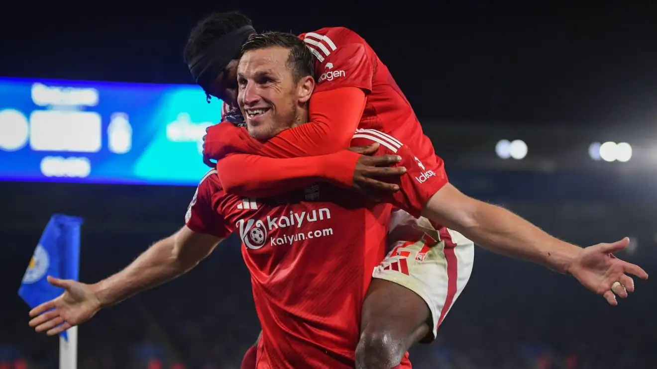 Nottingham Forest striker Chris Wood celebrates his goal with Anthony Elanga