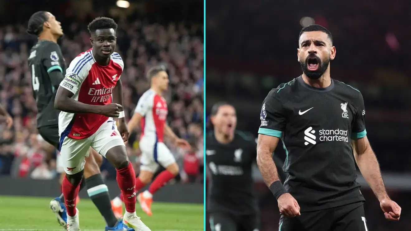 A split image showing Bukayo Saka and Mohamed Salah celebrating their respective goals