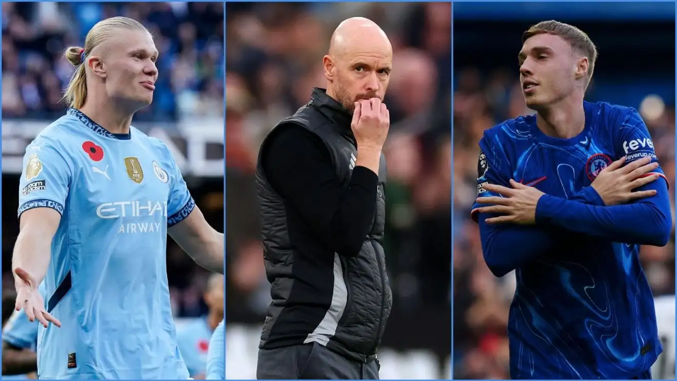 Manchester City striker Erling Haaland, Man Utd manager Erik ten Hag and Chelsea player Cole Palmer