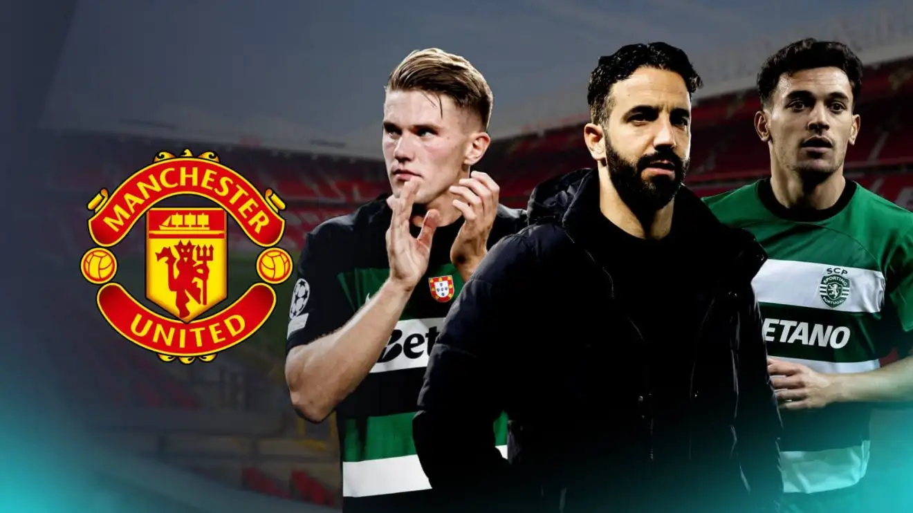 Viktor Gyokeres to Man Utd ruled out as 'doomed project' criticised 1 The Manchester Joined badge through Viktor Gyokeres, Ruben Amorim and Pedro Goncalves of Sporting