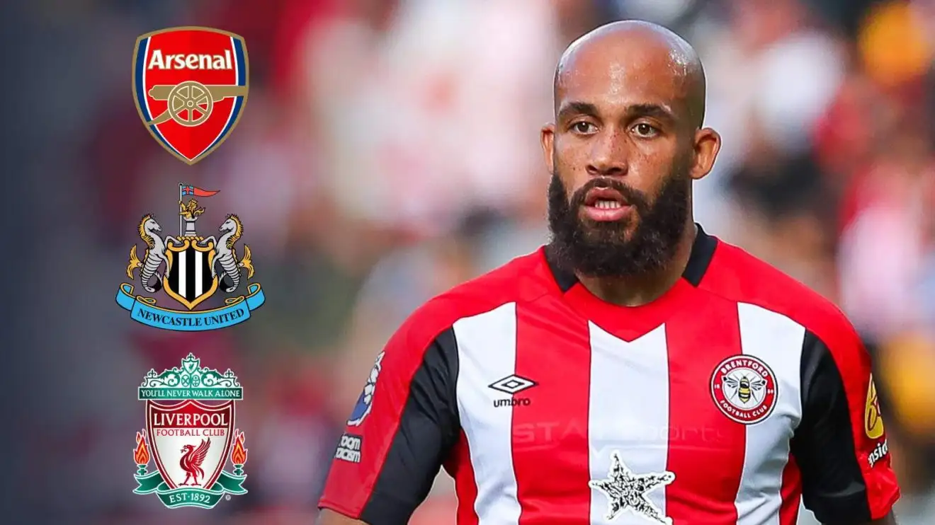 Bryan Mbeumo with the Arsenal, Newcastle and Liverpool badges