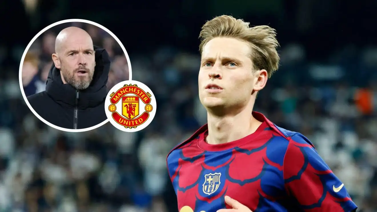 Male Utd: Frenkie de Jong with Erik 10 Hag in a circle and also the Male Utd badge in a smaller circle