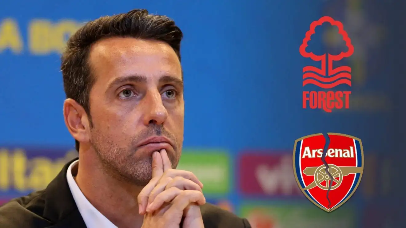 Edu Gaspar using the Nottingham Forest badge and a damaged Arsenal badge