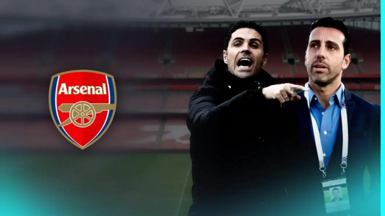 Edu and Mikel Arteta with the Arsenal badge