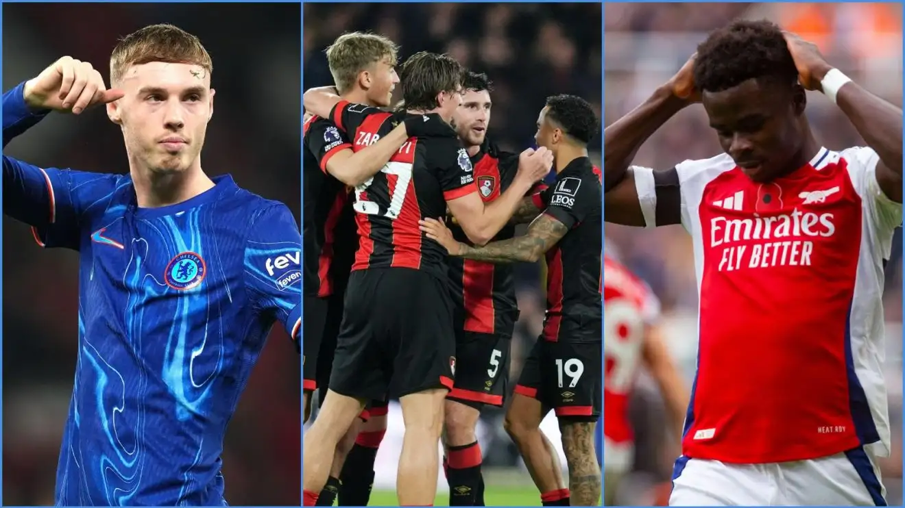 Chelsea forward Cole Palmer, Bournemouth celebrating and Arsenal player Bukayo Saka