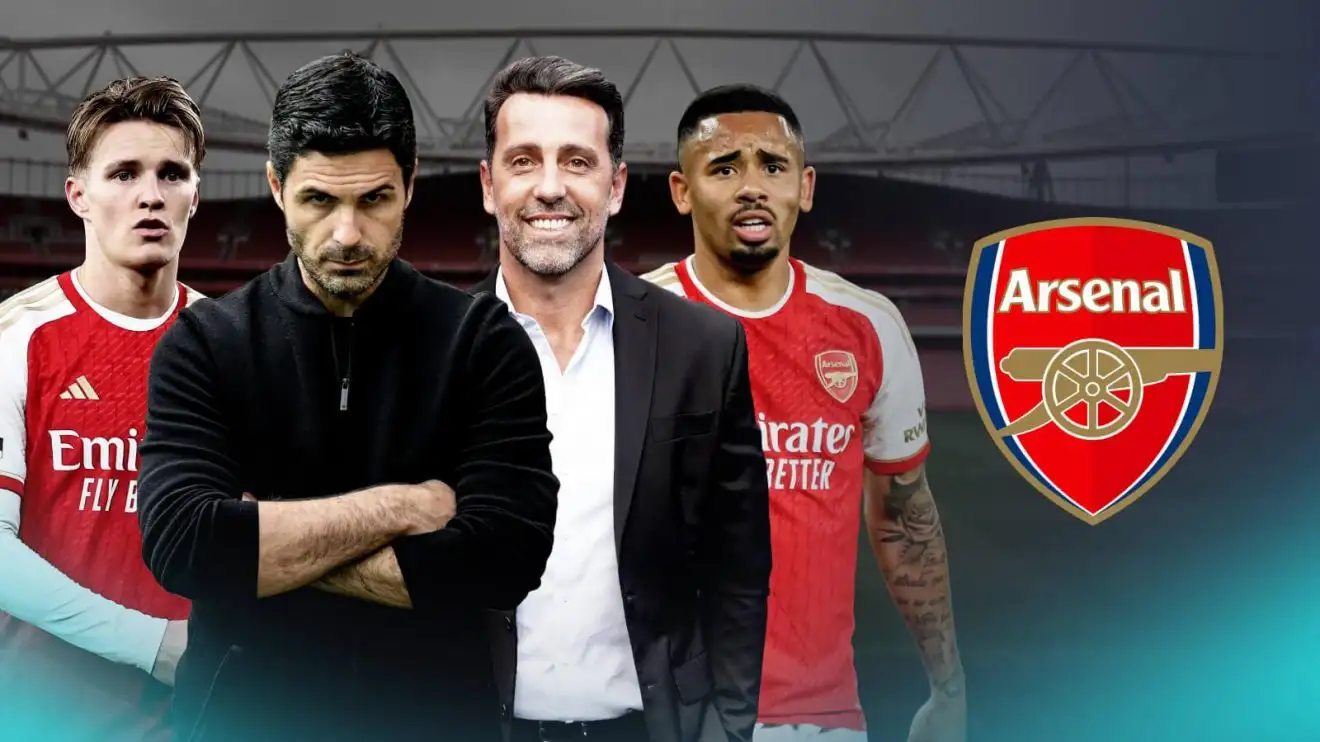 Martin Odegaard, Gabriel Jesus, Mikel Arteta and Edu Gaspar centre with the Arsenal badge and Emirates Stadium background