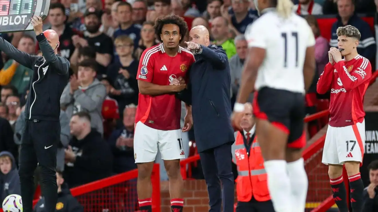 Individual Utd demonstrator Joshua Zirkzee and previous manager Erik ten Hag