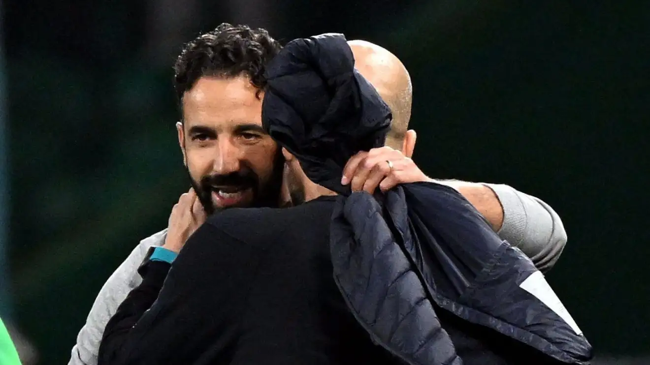 Man City boss Pep Guardiola and Man Utd boss Ruben Amorim