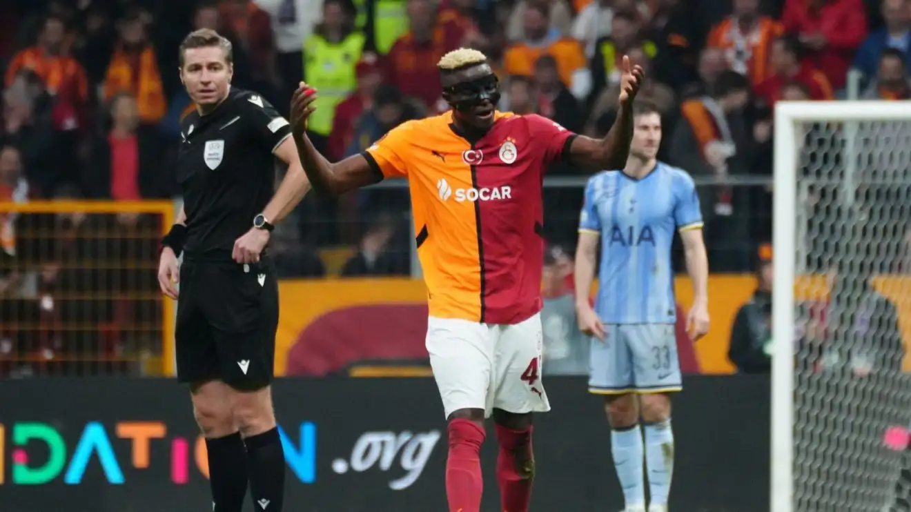 Galatasaray striker Victor Osimhen celebrates a Europa League goal against Tottenham