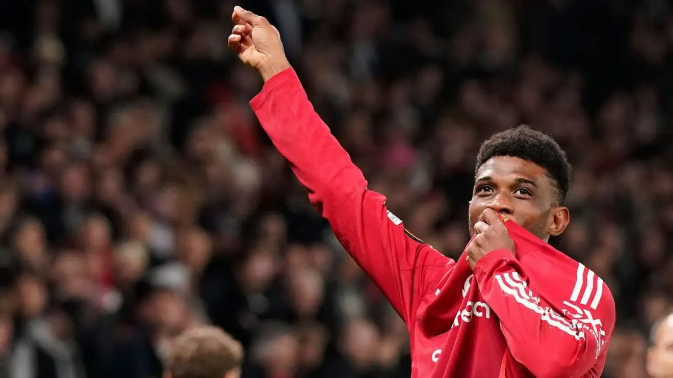 Amad Diallo celebrates a goal for Manchester United against PAOK in the Europa League