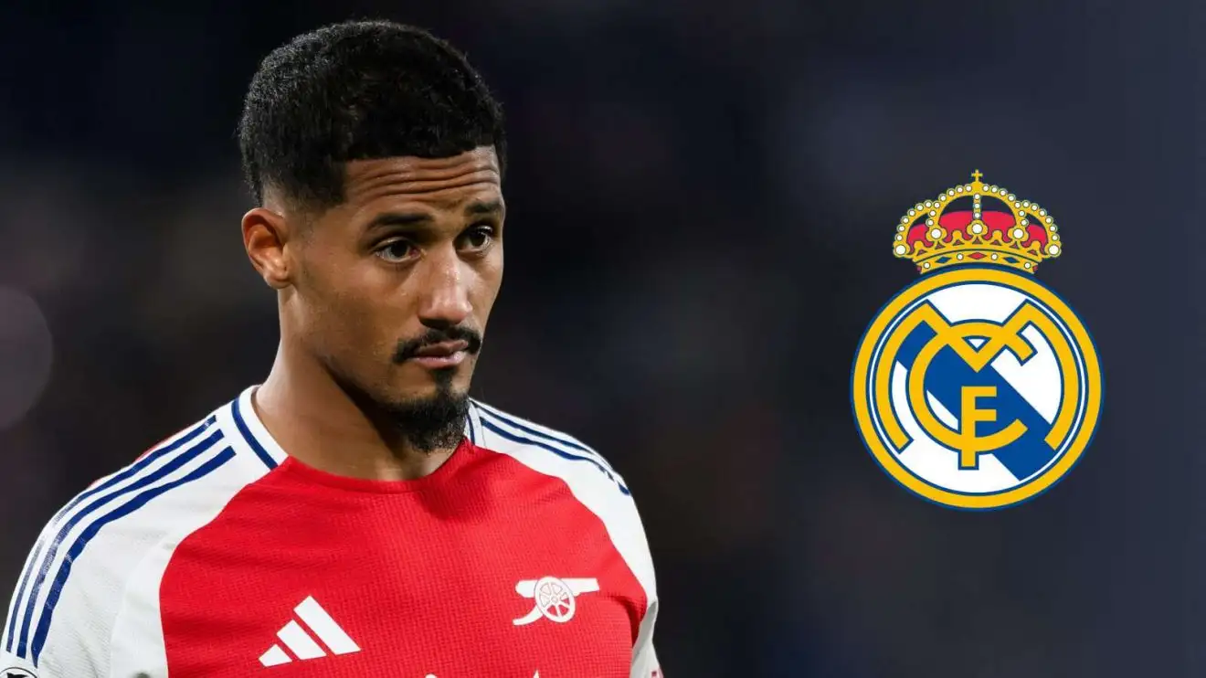 Arsenal defender William Saliba with the Real Madrid badge