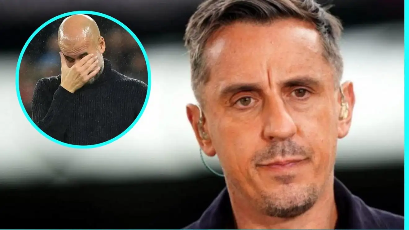 'Declining' Man City 'biggest worry' revealed by Neville as 'struggling' player slammed in Spurs loss 1 Gary Neville and also Pep Guardiola in a circle