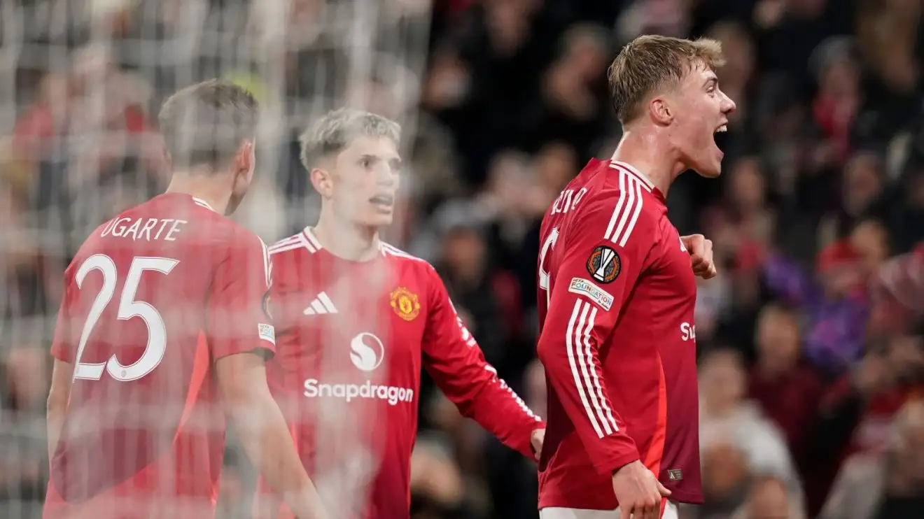 Rasmus Hojlund celebrates the first of his two goals in a Europa League win for Manchester United against Bodo/Glimt