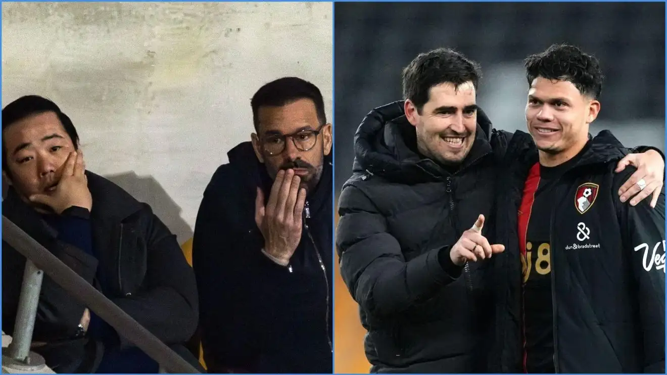 Leicester's owner with manager Ruud van Nistelrooy, and Andoni Iraola and Evanilson of Bournemouth
