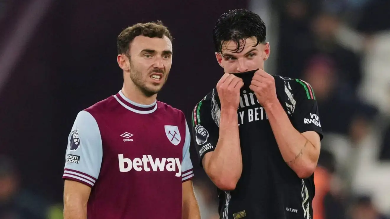 West Ham midfielder Andy Irving and Arsenal player Declan Rice
