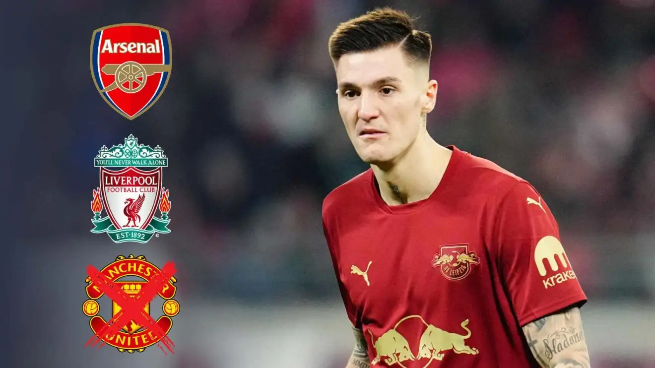 Man Utd end interest in Bundesliga striker; Arsenal, Liverpool 'keep tabs' amid 'gentleman's agreement' 1 Benjamin Sesko with the Arsenal, Liverpool as well as Guy Utd (with a red cross) badges