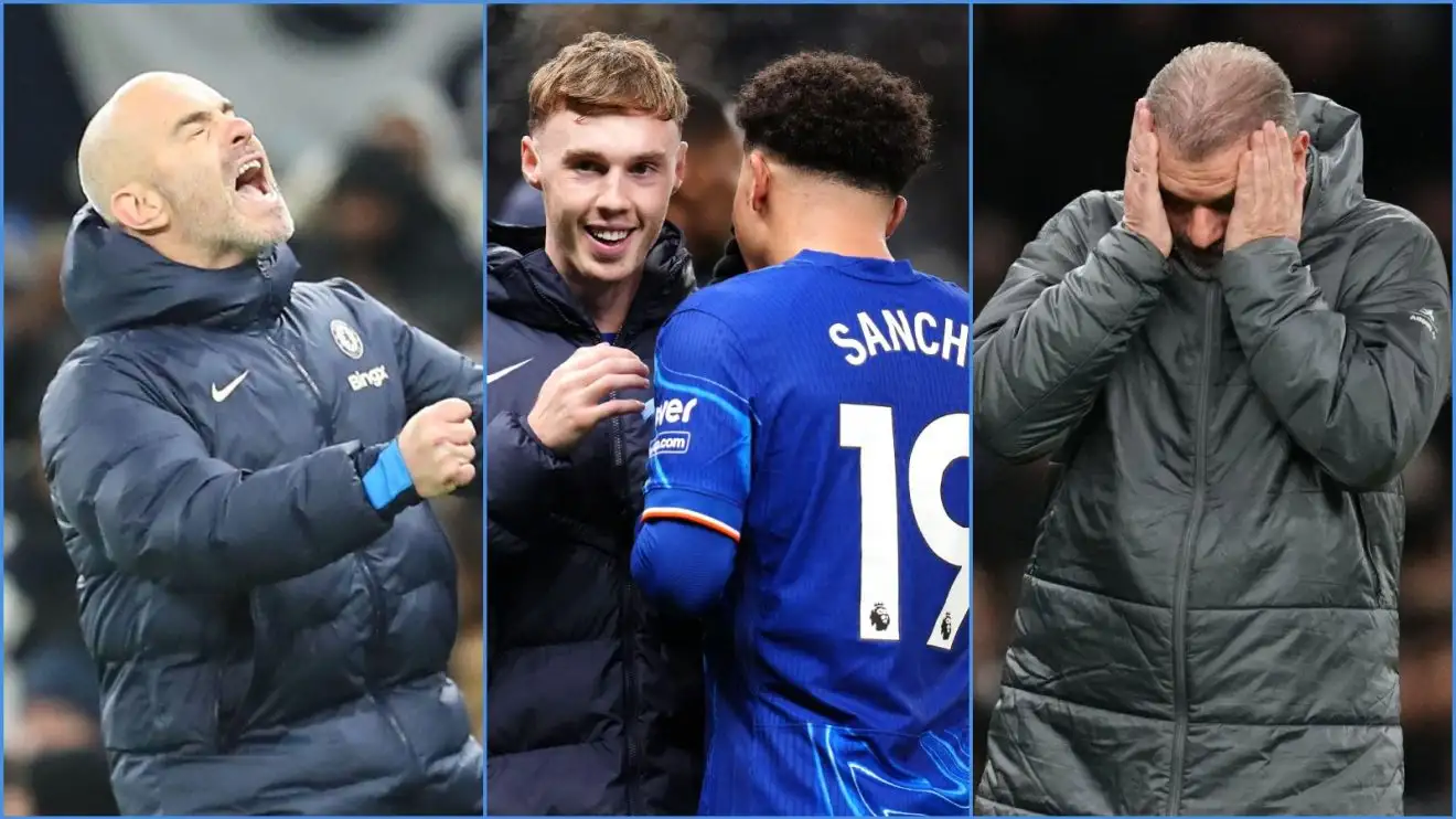 Chelsea manager Enzo Maresca, players Cole Palmer and Jadon Sancho, and Spurs coach Ange Postecoglou