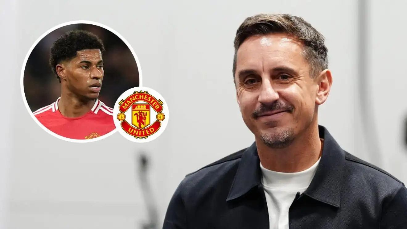 Man Utd legend Neville lauds Amorim for punishing Rashford 'moping': 'You're gone, you're out' 1 Gary Neville with Marcus Rashford in a circle and the Person Utd badge in a smaller sized circle