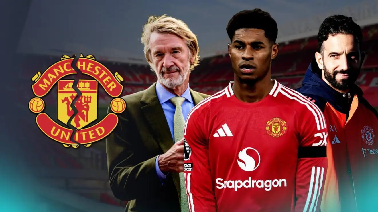 Man Utd star 'is history' as Ratcliffe demands 'cultural reboot' with January sale of 'passenger' 1 Sir Jim Ratcliffe, Marcus Rashford and Ruben Amorim with a chipped Guy Utd badge and Worn Trafford history