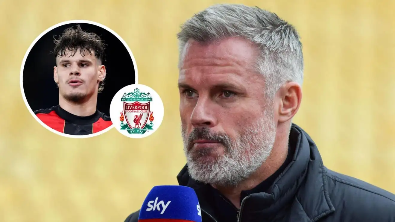 Liverpool legend Carragher wants 'superb' defender in January as poor Slot starter 'needs help' 1 Jamie Carragher with Milos Kerkez and also the Liverpool badge in circles