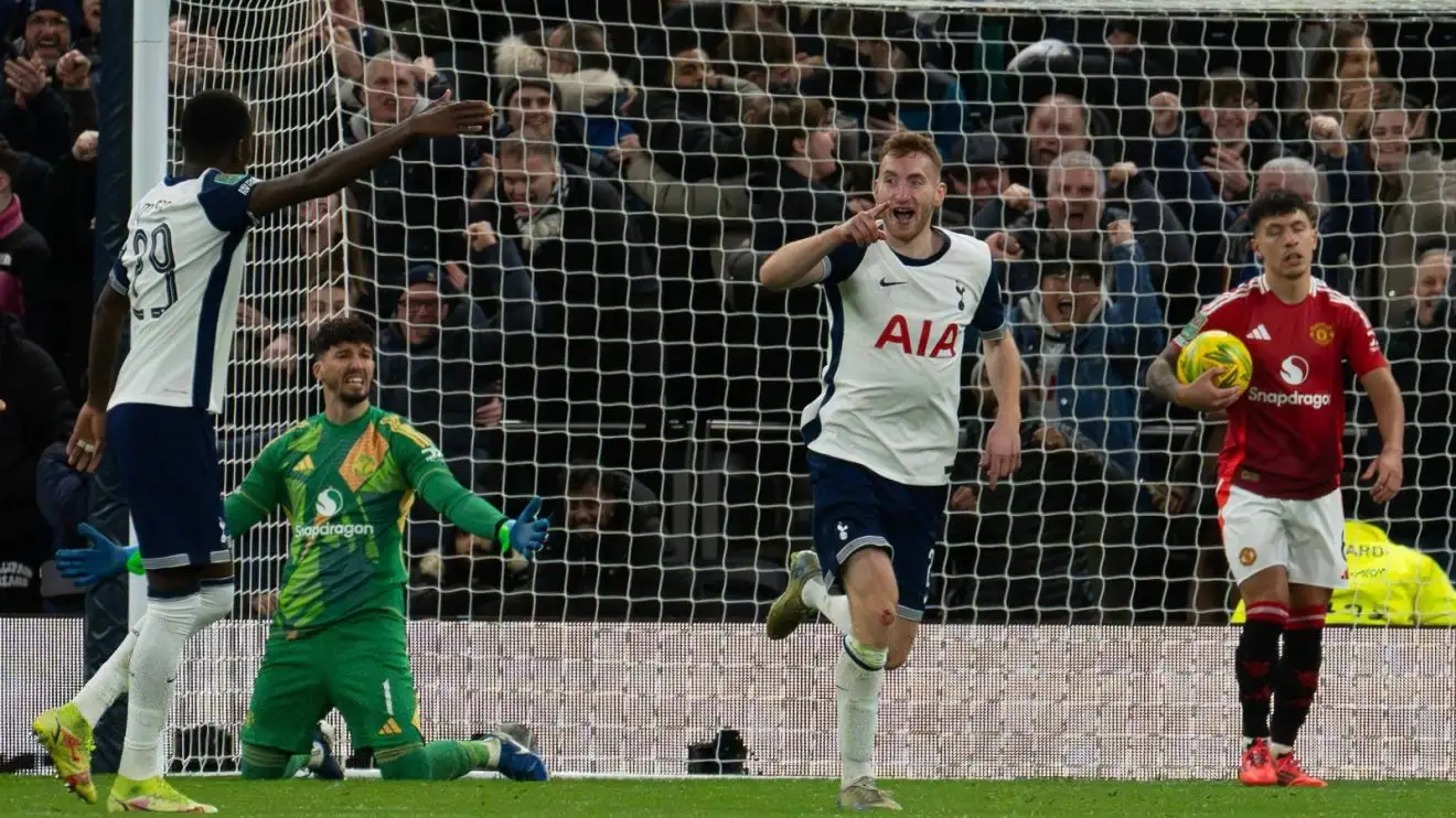 Dejan Kulusevski celebrates after scoring for Tottenham against Manchester United in the Carabao Cup