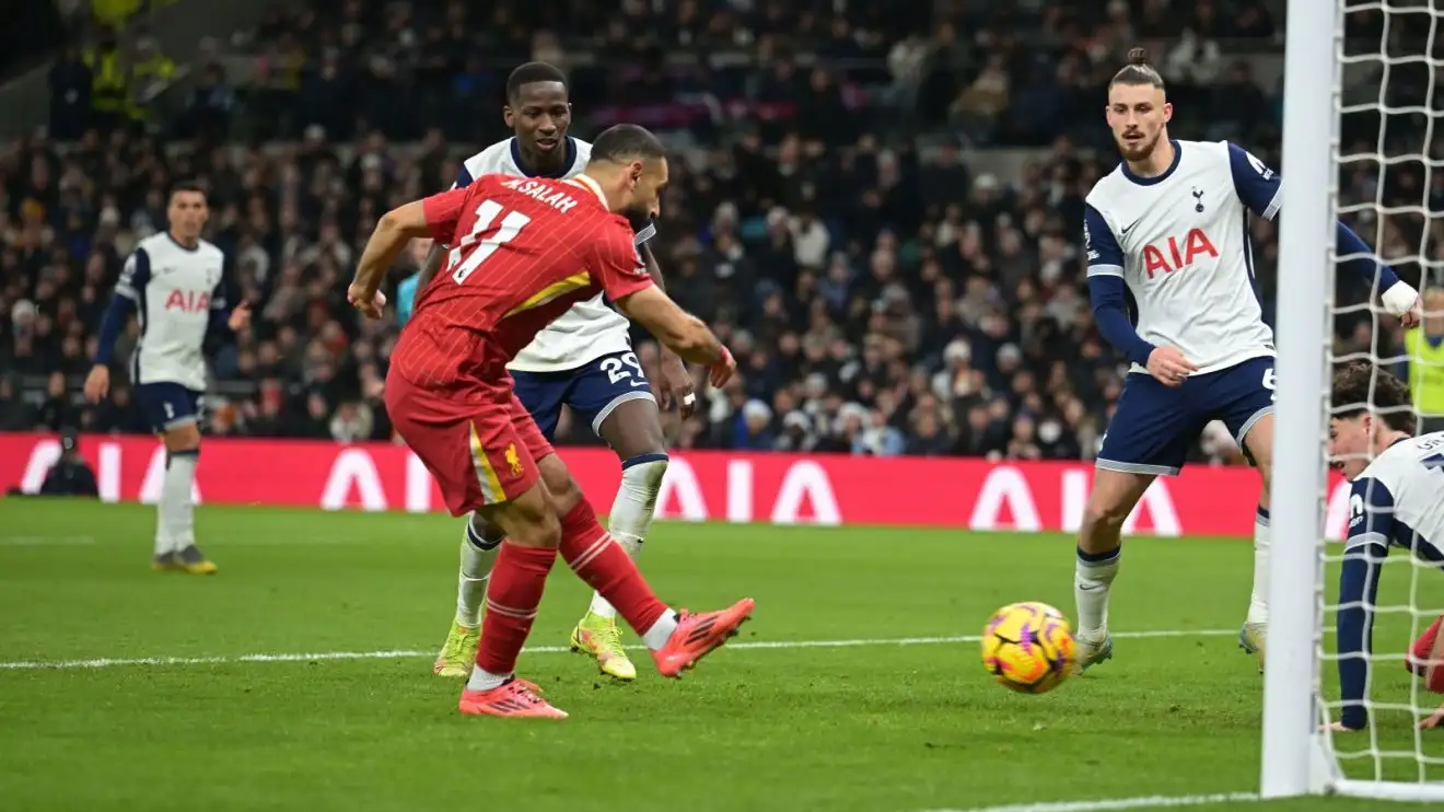 Mohamed Salah scores for Liverpool during a 6-3 Premier League win at Tottenham